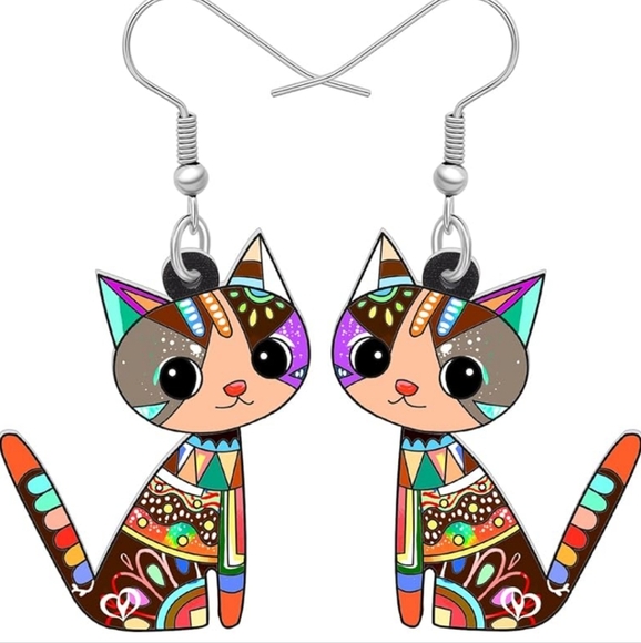 Women's jewelry unique multi-colored designed cat dangle earrings! - Picture 1 of 5